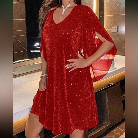 Luxe V neck party formal glitter dress red
